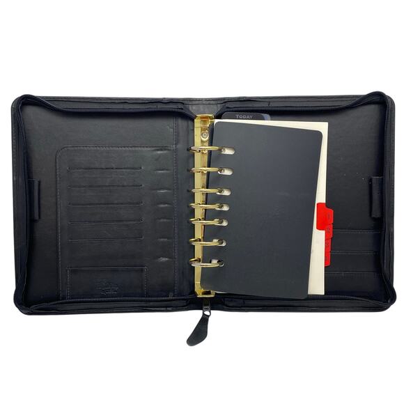 Franklin Quest Black Leather 11"x9" Daily Planner 7 Ring Zip Personal Organizer